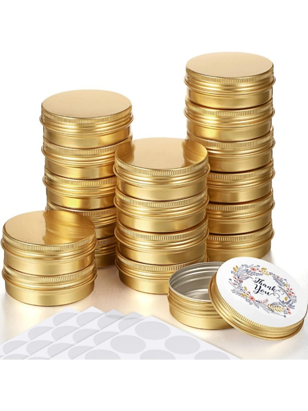 120 Pcs Gold Metal Round Tins with Screw Lids & Stickers for DIY Crafts & Gifts
